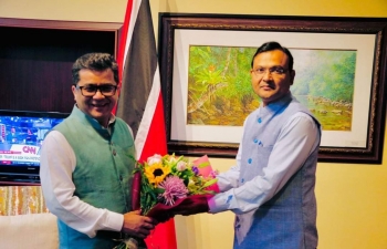 High Commissioner Dr. Pradeep Rajpurohit welcomes Shri Pabitra Margherita, Hon'ble Minister of State for External Affairs & Textiles, Govt of India to Trinidad & Tobago. 